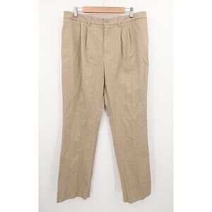 Lands End Pants Khaki Chinos Tan Beige Brown Pleated Casual Cotton Polyester 16